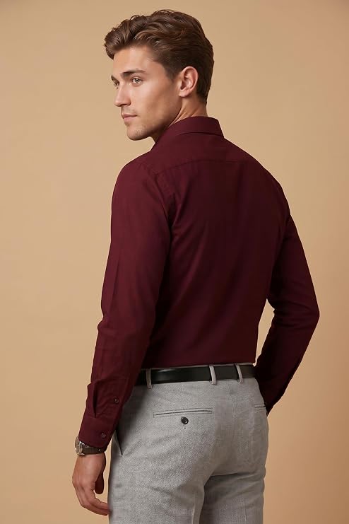 Tailmont Premium Solid Formal Shirt – Burgundy